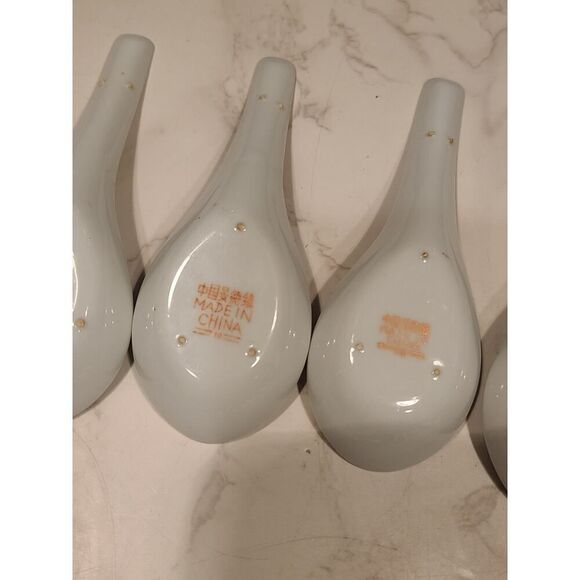 Mun Shou Multi Color Longevity Porcelain Asian Chinese Soup Rice Spoons Set of 6 - Picture 7 of 10